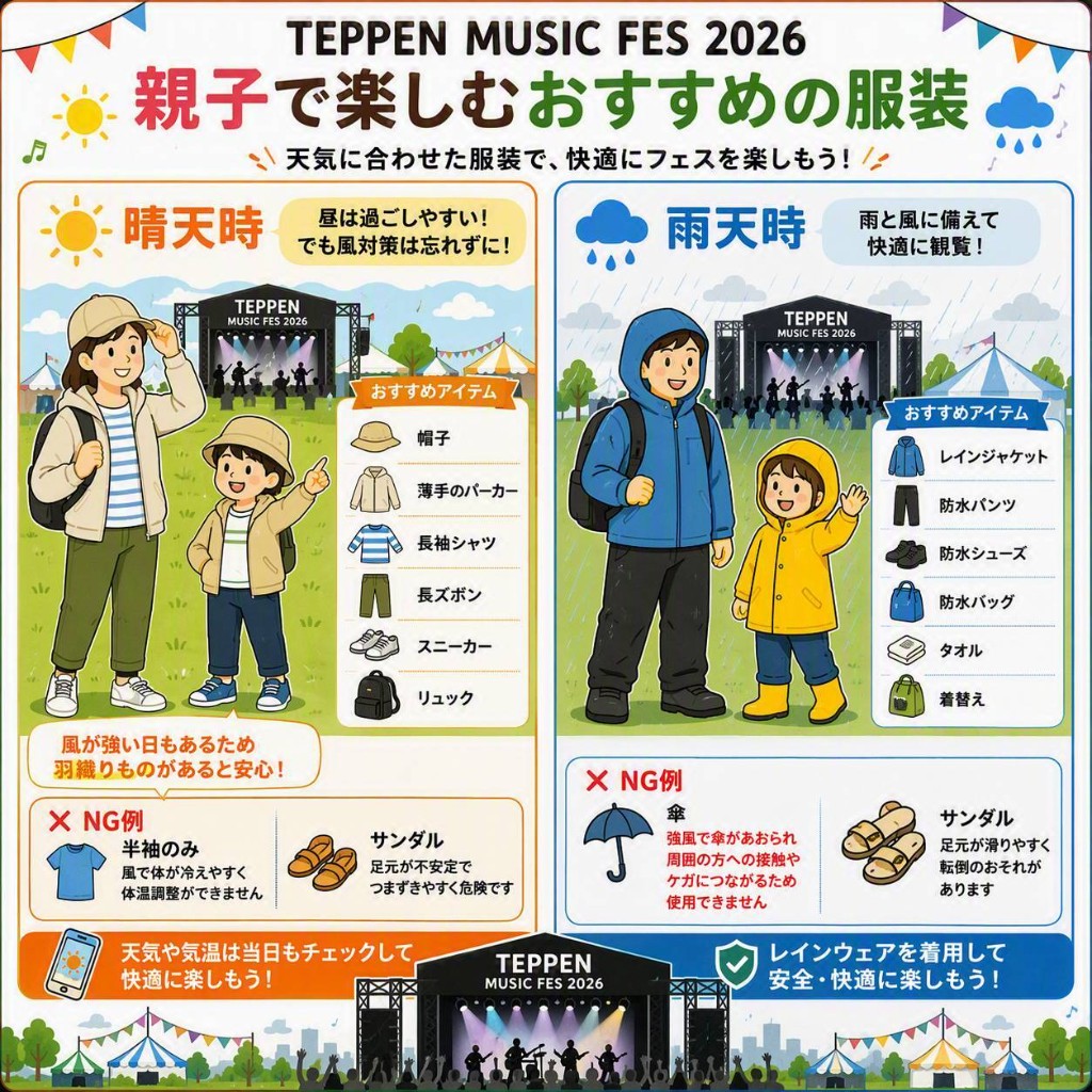 親子で楽しむおすすめの服装。晴天時と雨天時の服装・持ち物。傘は使用不可。